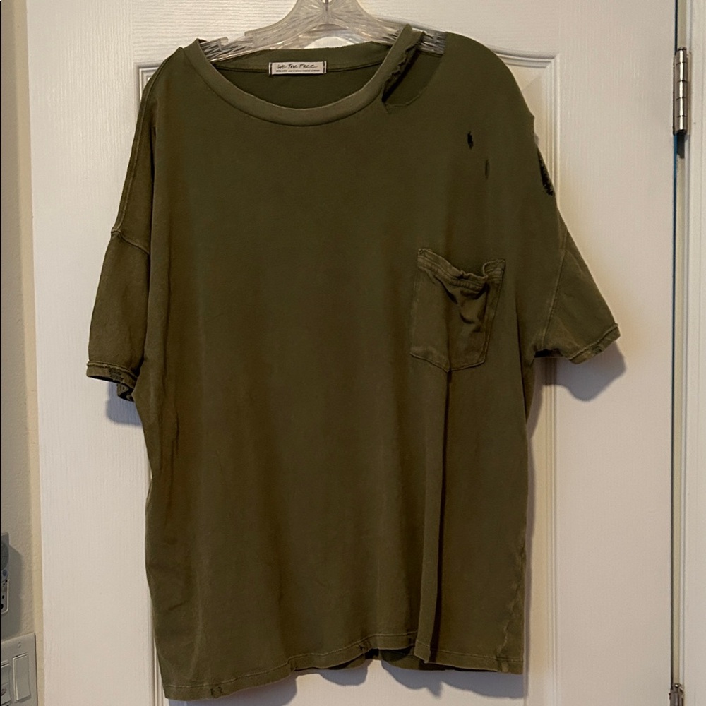 We The Free Army Green Short Sleeve Tee-distressed and holes